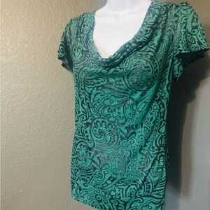 Daytrip Teal Paisley Women's Blouse with black lace detail in back.